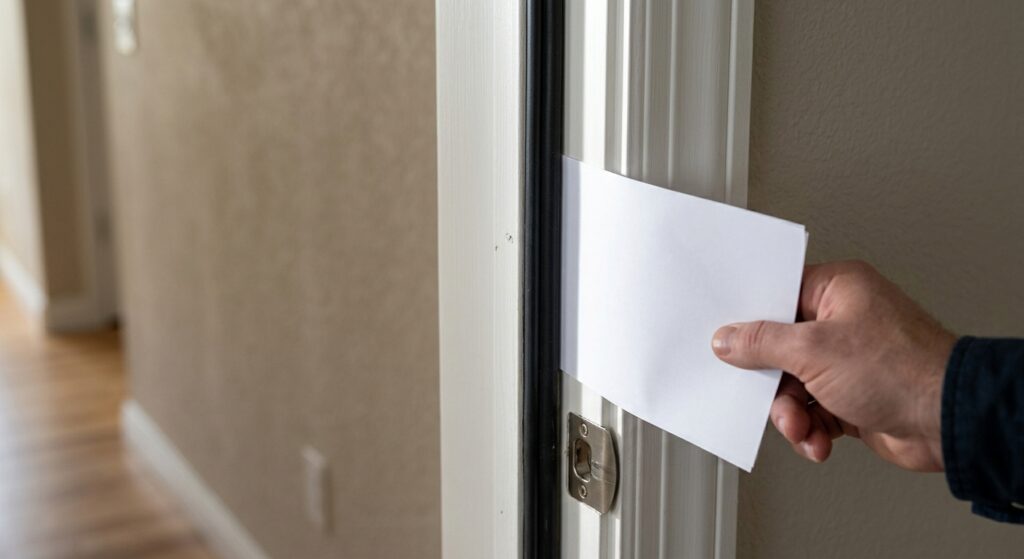 Testing door perimeter weatherstrip compression using a sheet of paper along the latch jamb.