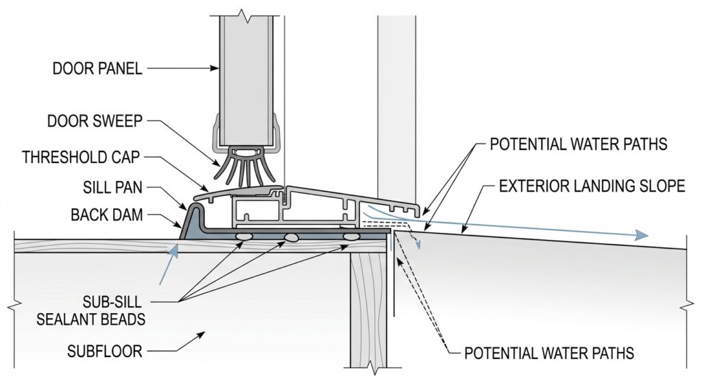 Cross-section technical drawing showing exterior door threshold, sweep, sub-sill sealant, and sill pan layout.