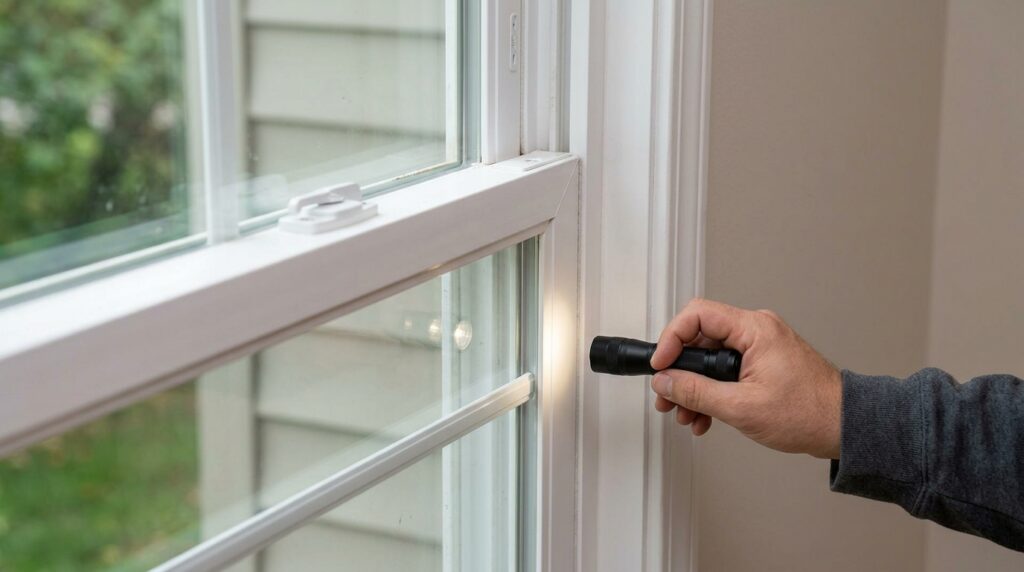Person visually inspecting the frame, sash, and locking hardware of an installed residential window.