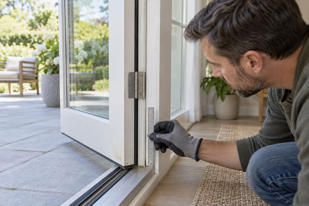 Homeowner measuring the lower reveal of an open hinged patio door near the sill