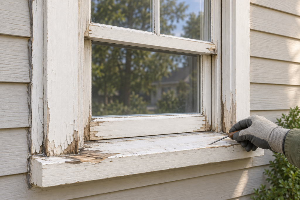 Gloved hand gently checking a weathered wood window sill near localized peeling paint