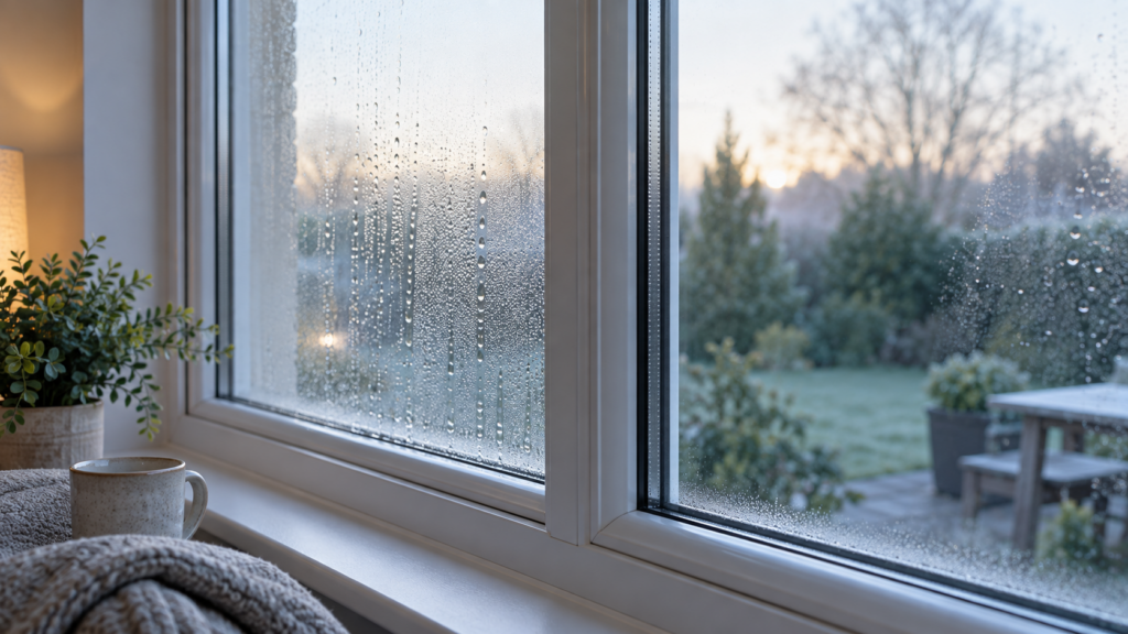 Condensation droplets on the interior and exterior surfaces of a residential window